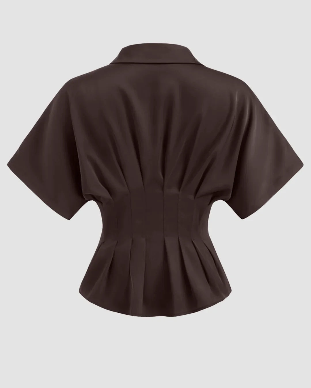 Satin Collar Pleated Cinched Short Sleeve Shirt in coffee