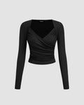 V Neck Wrapped Long Sleeve Black Crop Top