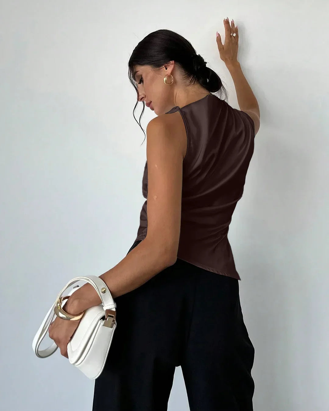 Satin Sleeveless High Neck Asymmetrical Hem Top in Coffee