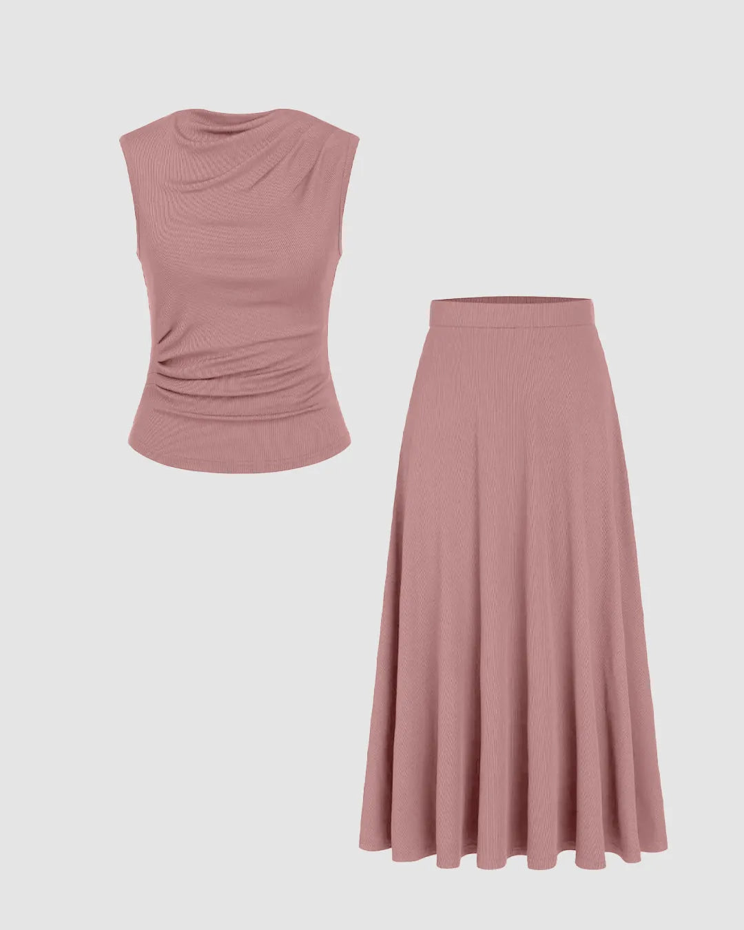 Rib Round Neck Solid Tank Top & Mid Waist Ruffle Midi Skirt In Pink
