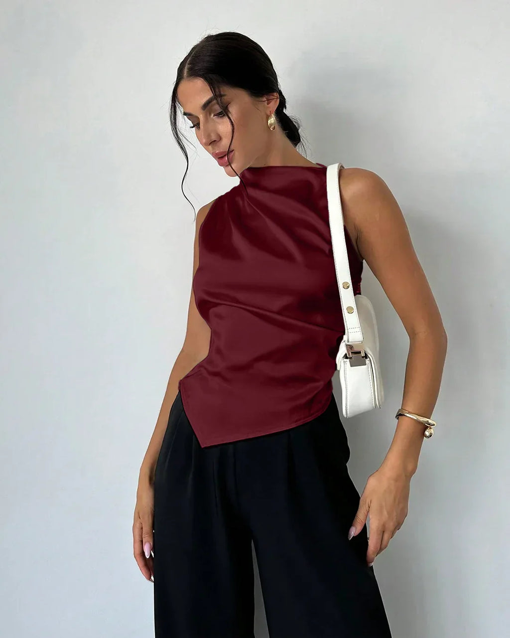 Satin Sleeveless High Neck Asymmetrical Hem Top in Red