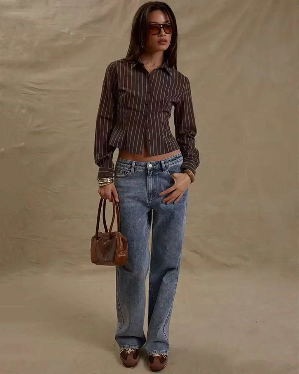 Pinstripe Fitted Long Sleeve Collared Shirt