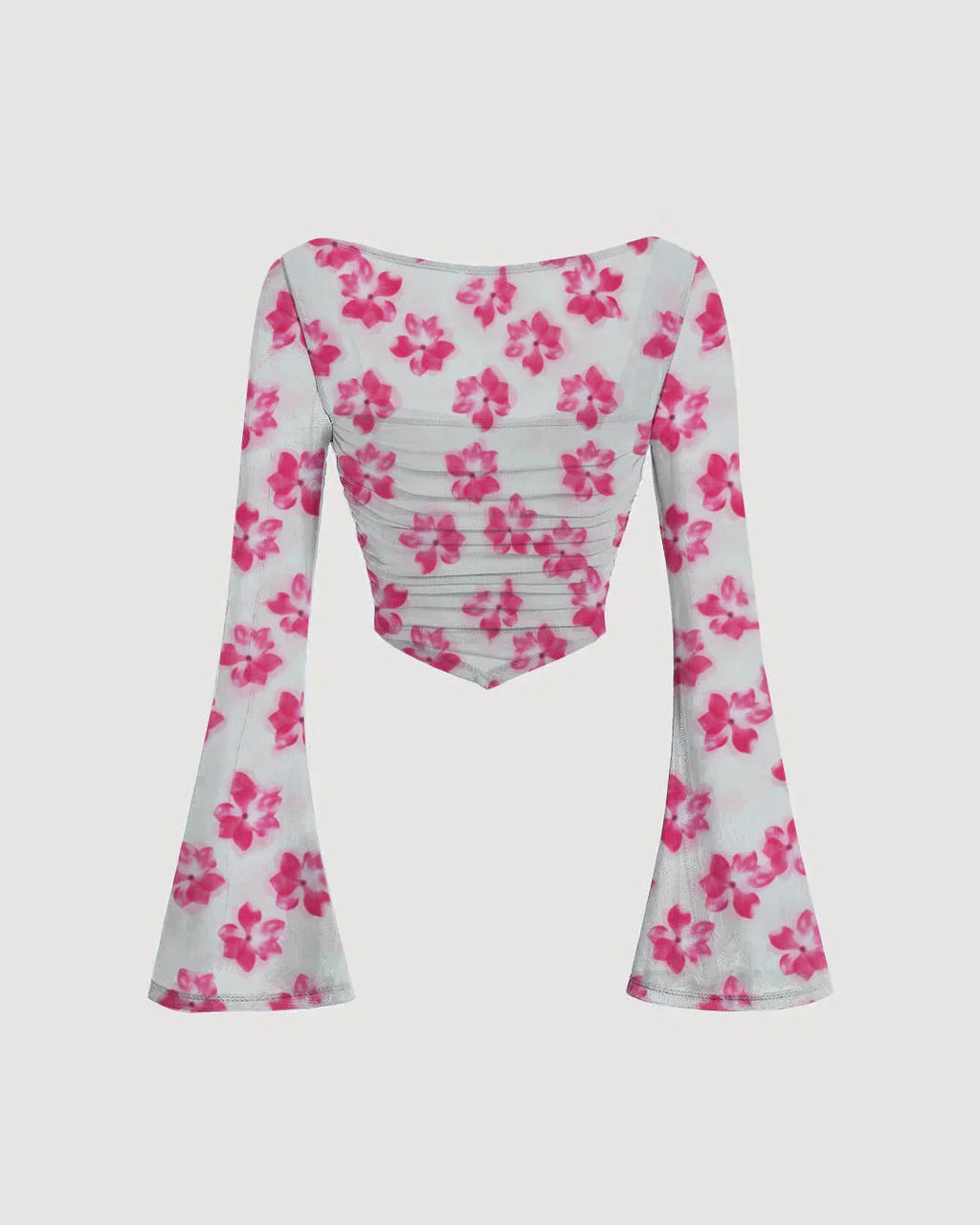 White and Pink Floral Mesh Bell Sleeve Top