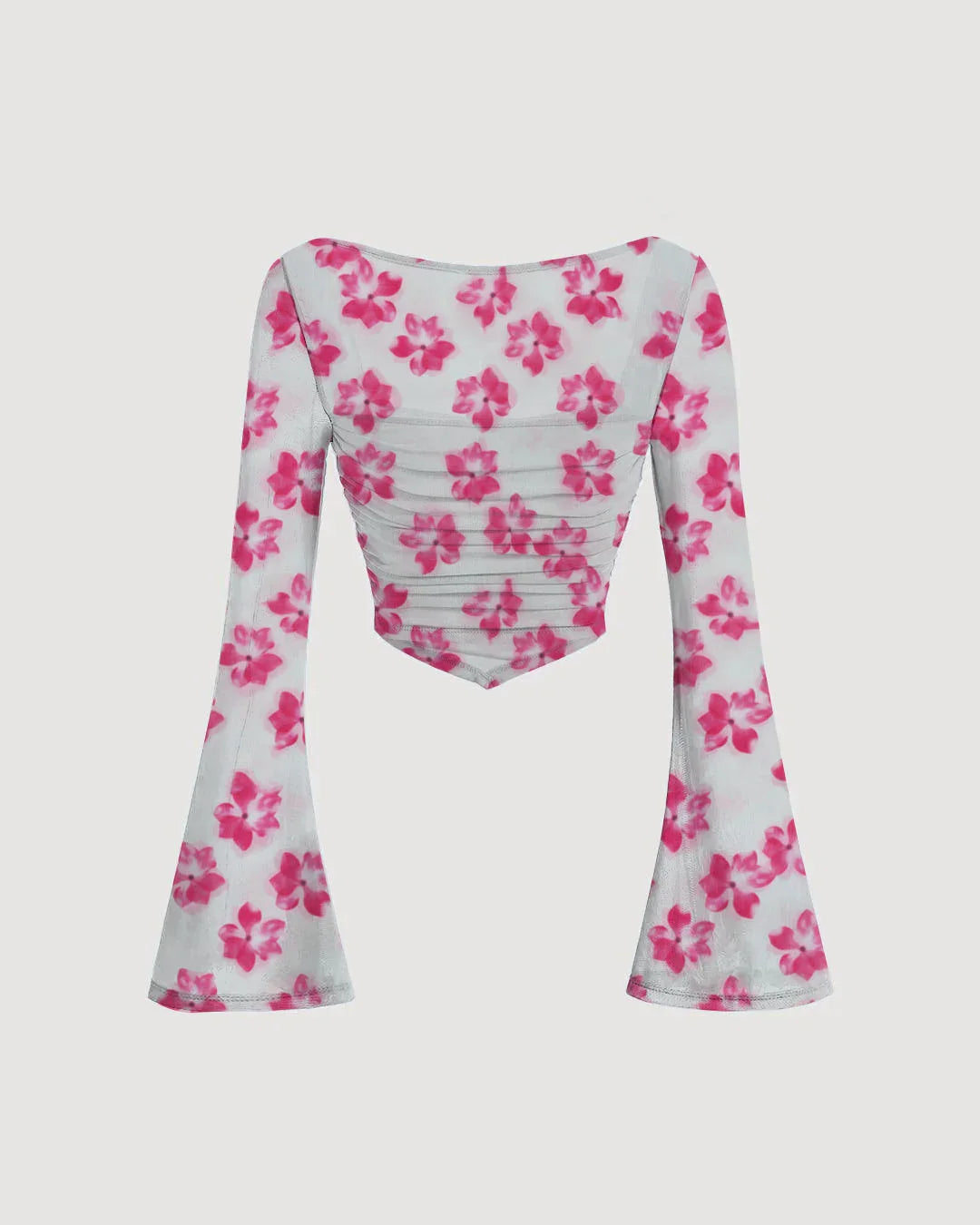 White and Pink Floral Mesh Bell Sleeve Top
