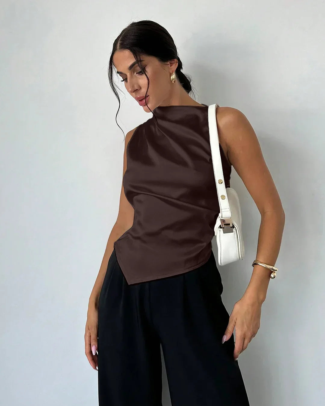 Satin Sleeveless High Neck Asymmetrical Hem Top in Coffee