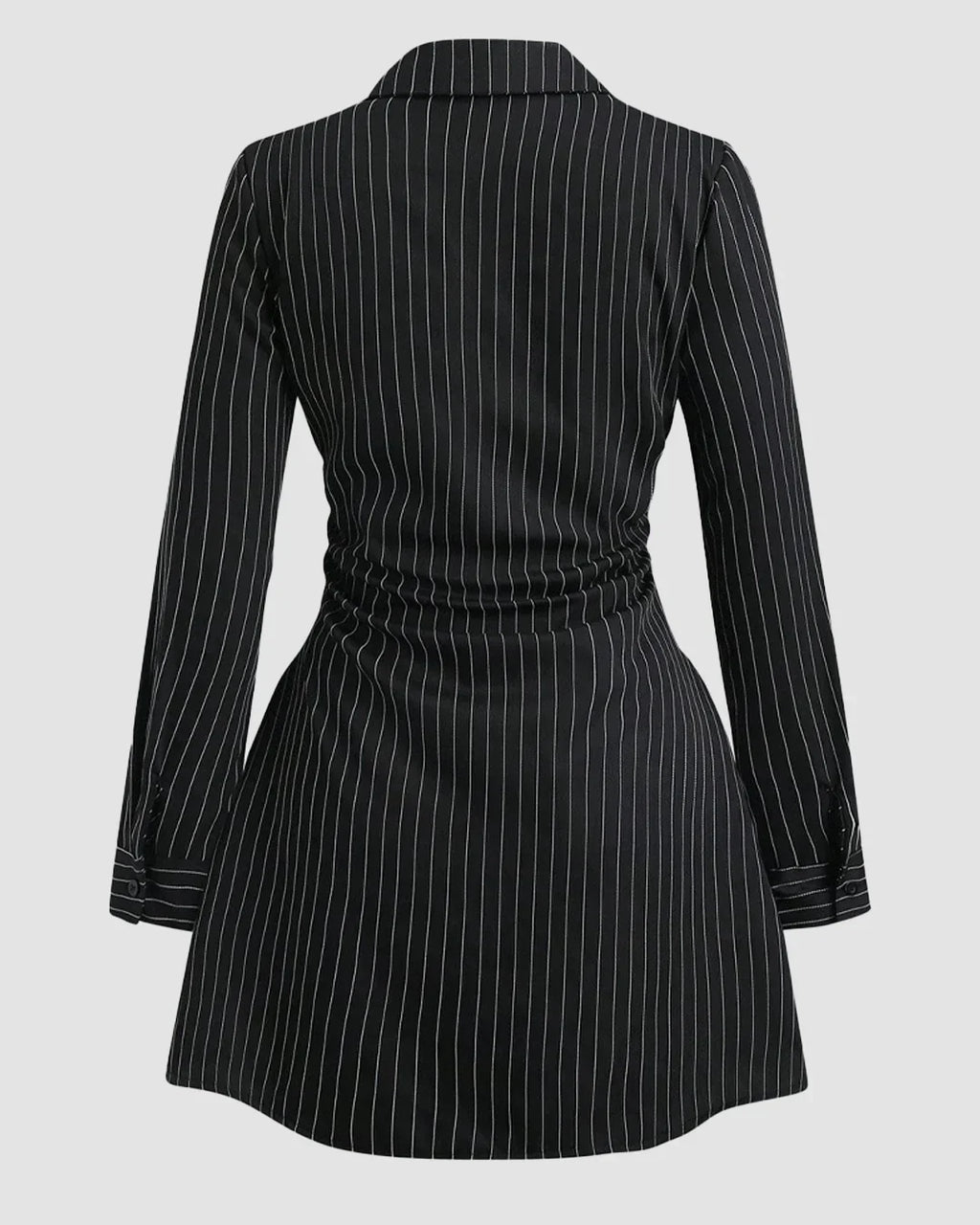 Black Pinstripe Button Down Collared Fit & Flare Full Sleeve Mini Dress