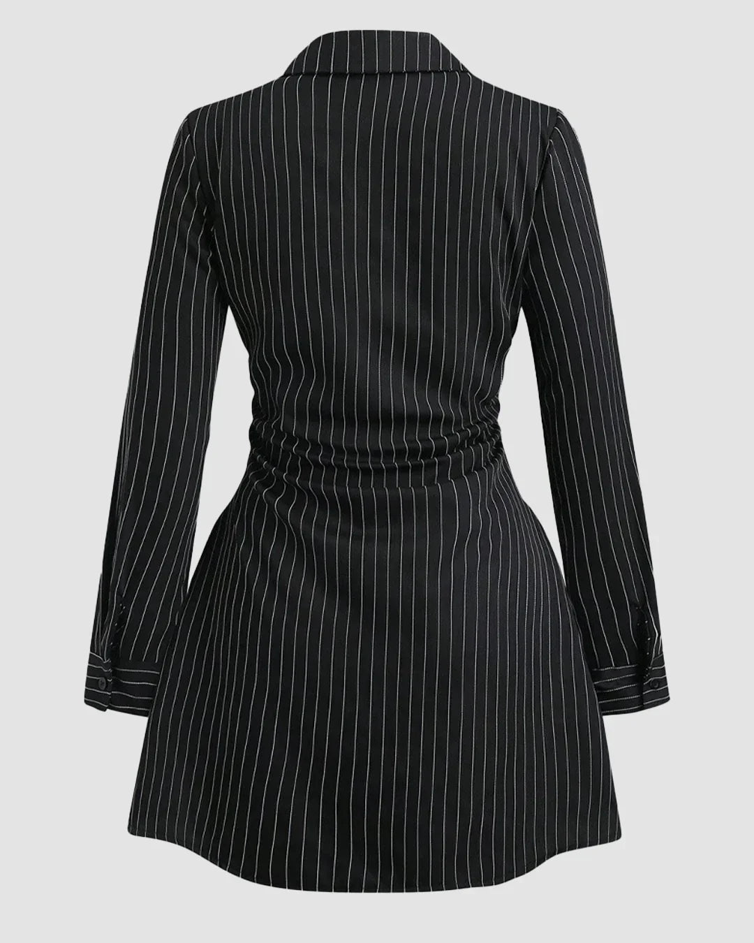 Black Pinstripe Button Down Collared Fit & Flare Full Sleeve Mini Dress