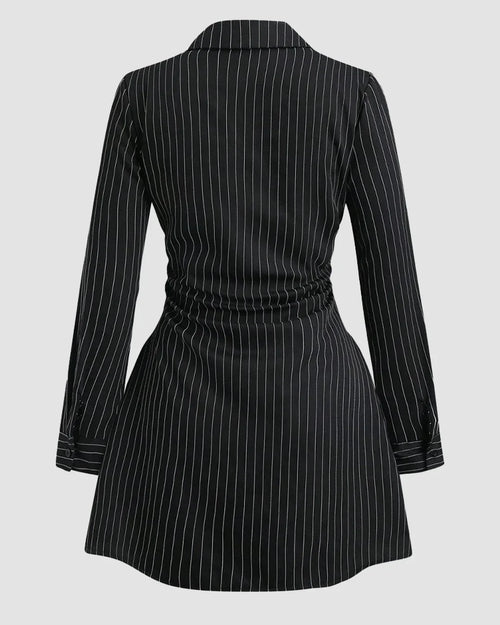 Black Pinstripe Button Down Collared Fit & Flare Full Sleeve Mini Dress