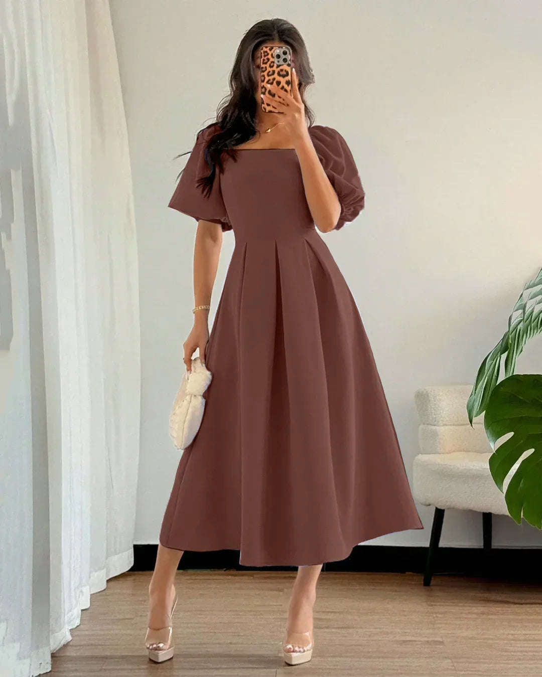 Minimalist Pleated Hem A Line Dress With Puff Sleeves in Brown