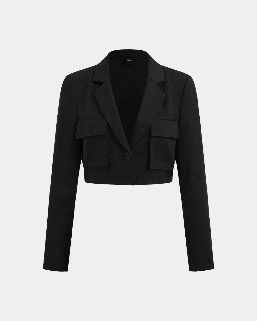Black Short Workwear Suit Jacket With Pockets