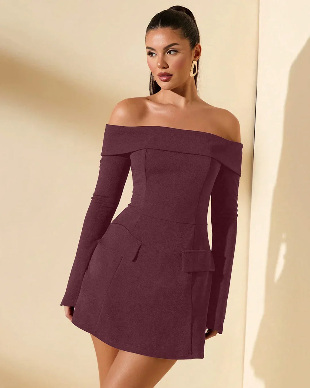 Off Shoulder Full Sleeves Mini Dress in Maroon