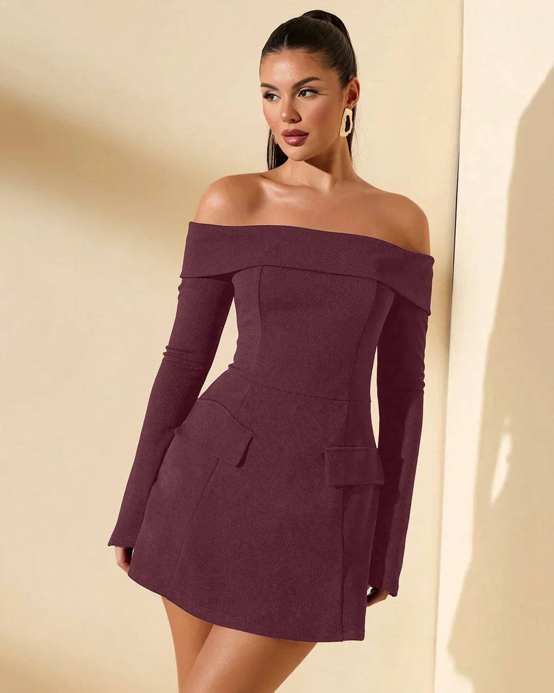 Off Shoulder Full Sleeves Mini Dress in Maroon
