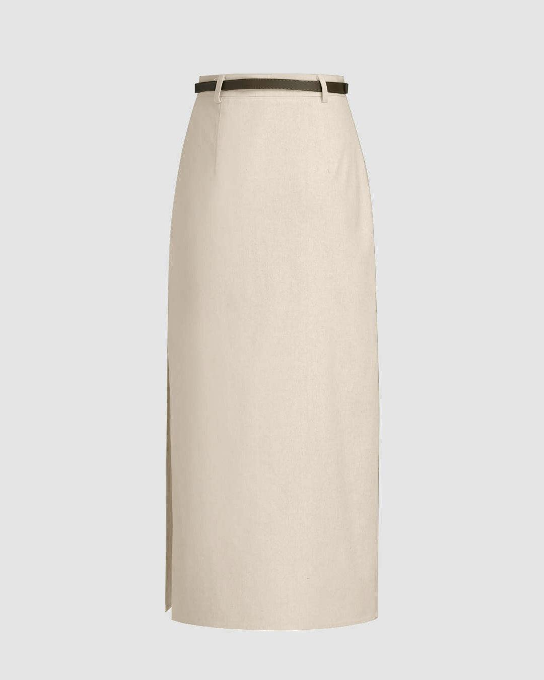 Linen-blend Mid Rise Solid Midi Skirt Without Belt In Apricot