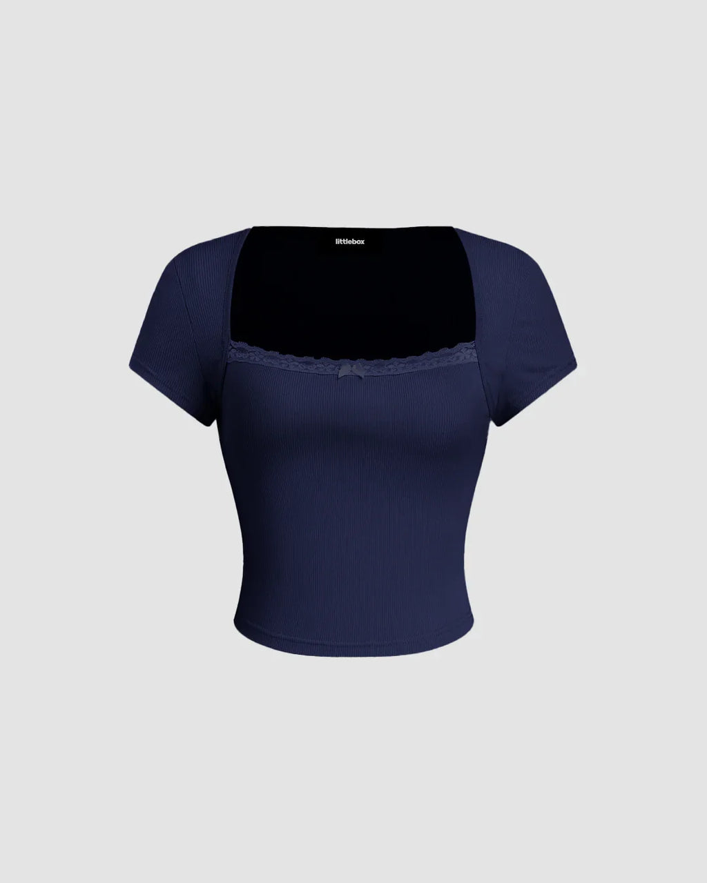 Navy Blue Ribbed Square Neck Lace Trim Top