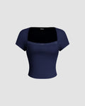 Navy Blue Ribbed Square Neck Lace Trim Top