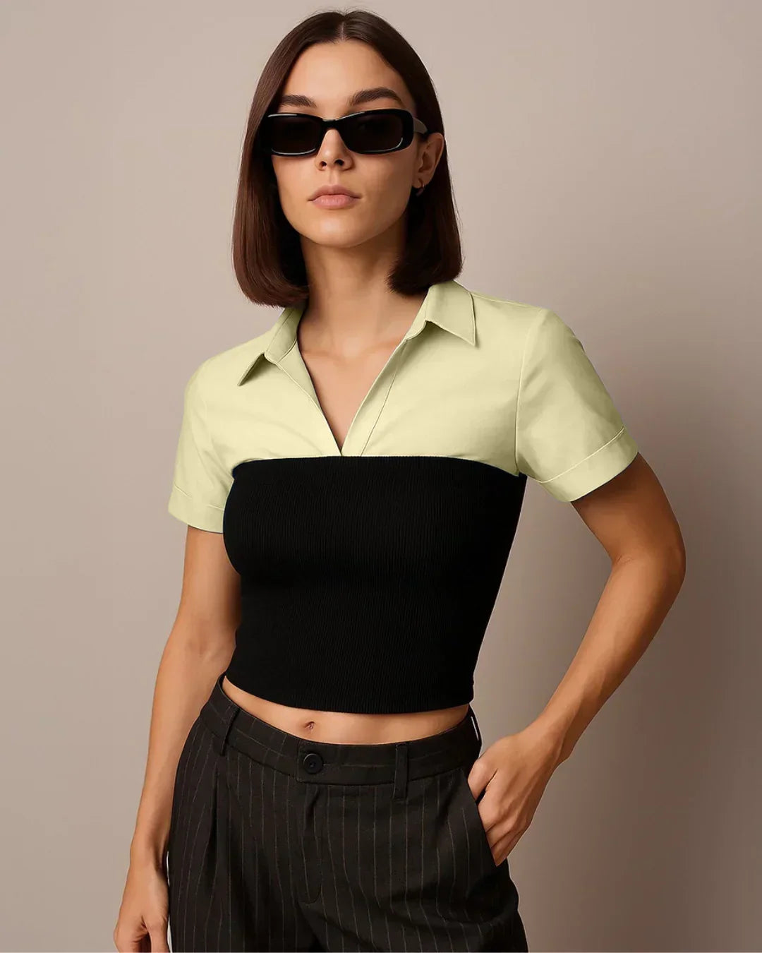 Collar Two Tone Patchy Short Sleeve Shirt In Vanilla and Black