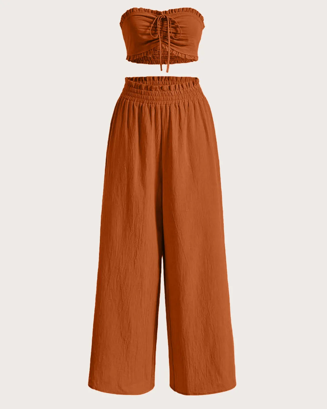 Solid Color Bandeau Top With Pleated Detailing & Wide-Leg Pant Set In Rust Orange