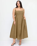 U-neckline Ruched Ruffle Hem Maxi Cami Dress in Mud Curve & Plus