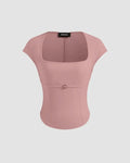Rose Pink Square Neck Short Sleeve Fitted Top