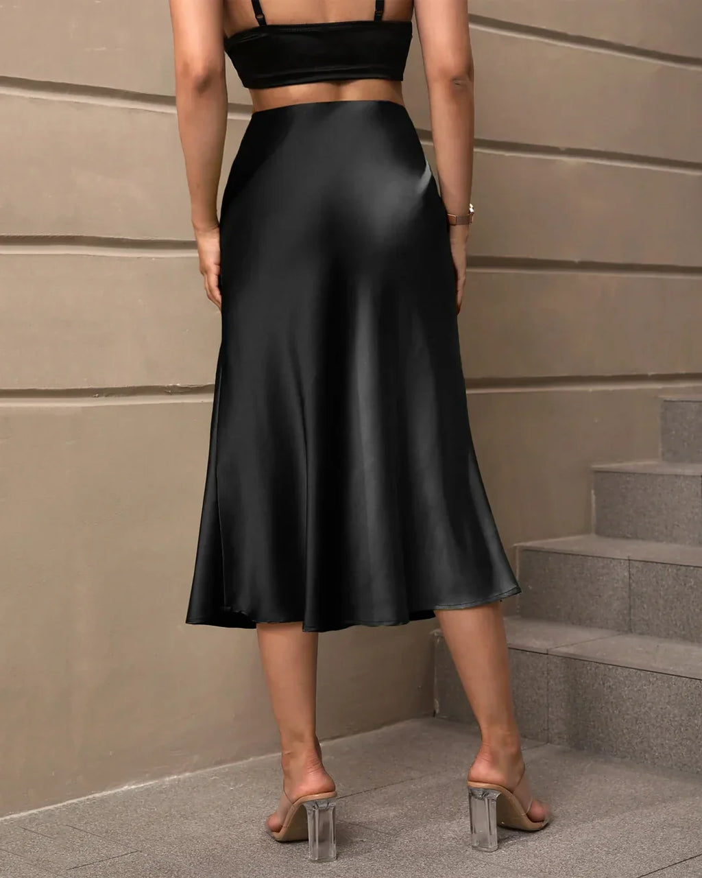 Satin Flared Midi Skirt in Black