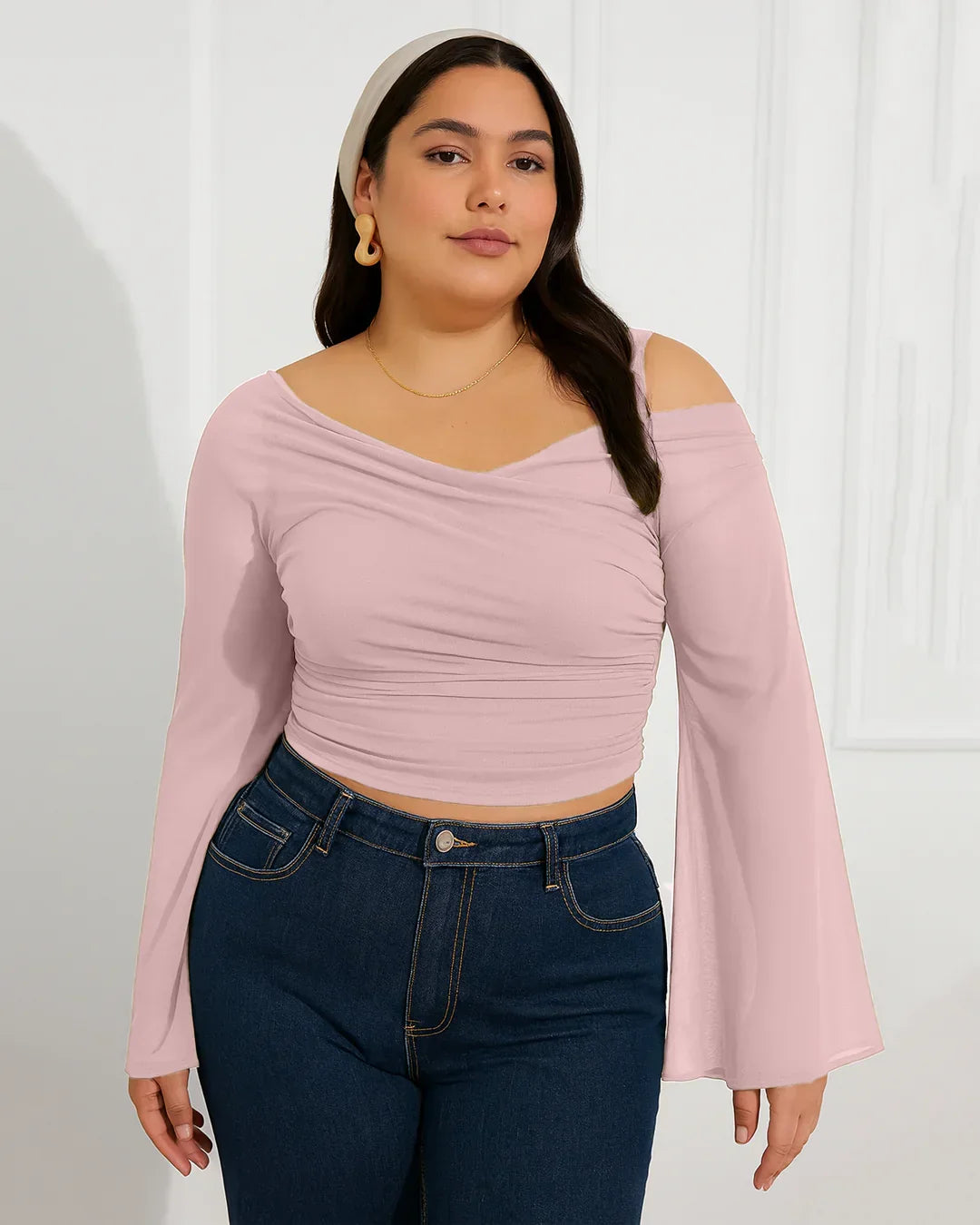 Mesh Off-Shoulder Long Sleeve Light Pink Top Curve & Plus