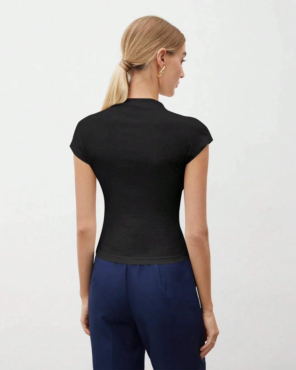 Mock Neck Cap Sleeve Fitted Top in Black