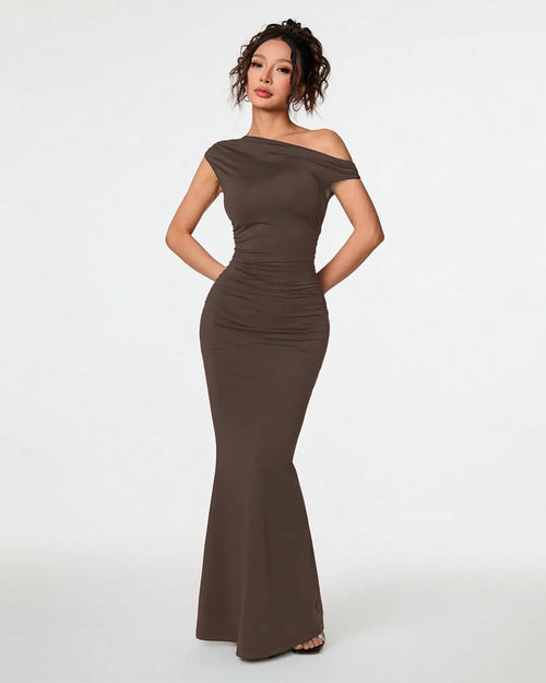 Brown Asymmetrical Neck Bodycon Maxi Dress