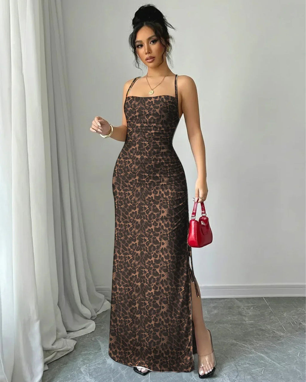 Leopard Print Square Neck Spaghetti Strap Slit Maxi Dress