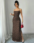 Leopard Print Square Neck Spaghetti Strap Slit Maxi Dress