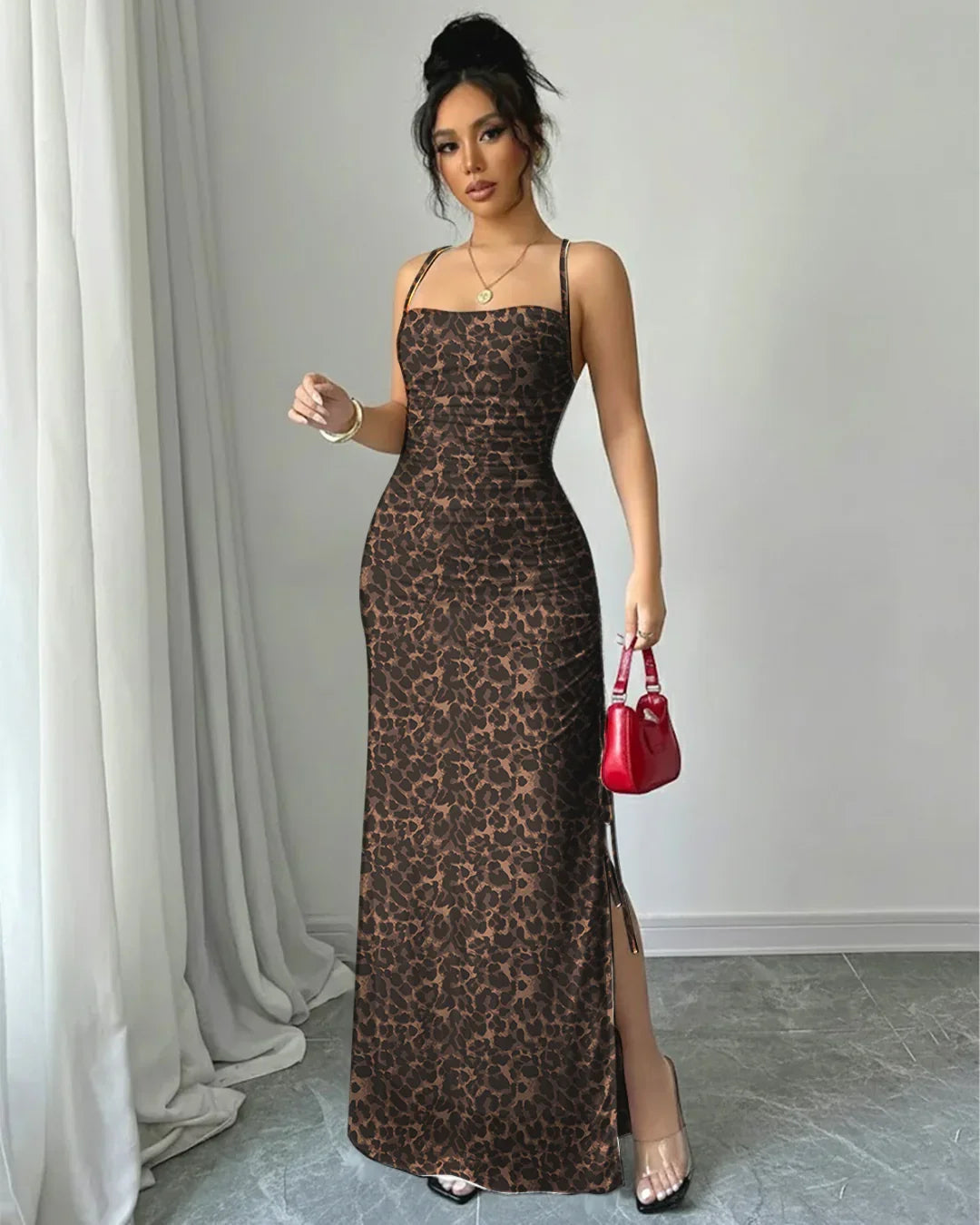 Leopard Print Square Neck Spaghetti Strap Slit Maxi Dress