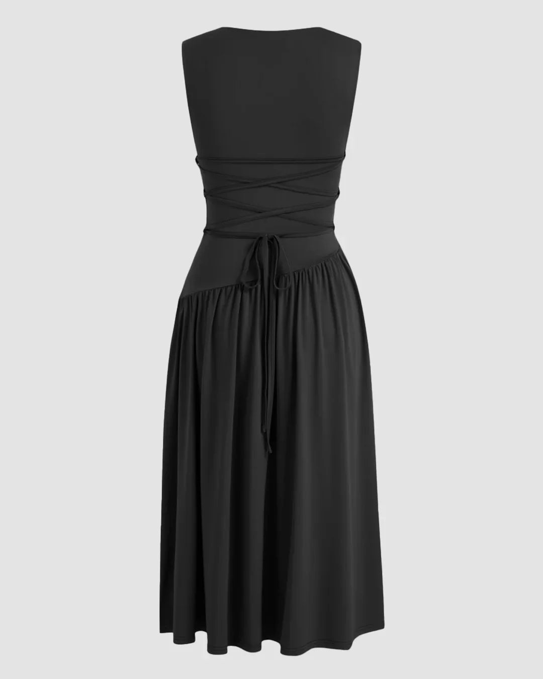 Round Neckline Ruffle Ruched Lace Up Midi Dress Curve & Plus in Black