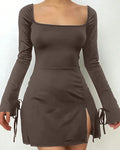 Square Neck Long Sleeve Tie-Slit Bodycon Mini Dress in Brown