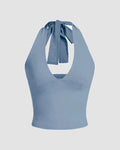 Tied Halter Neck Solid Dusty Blue Crop Top