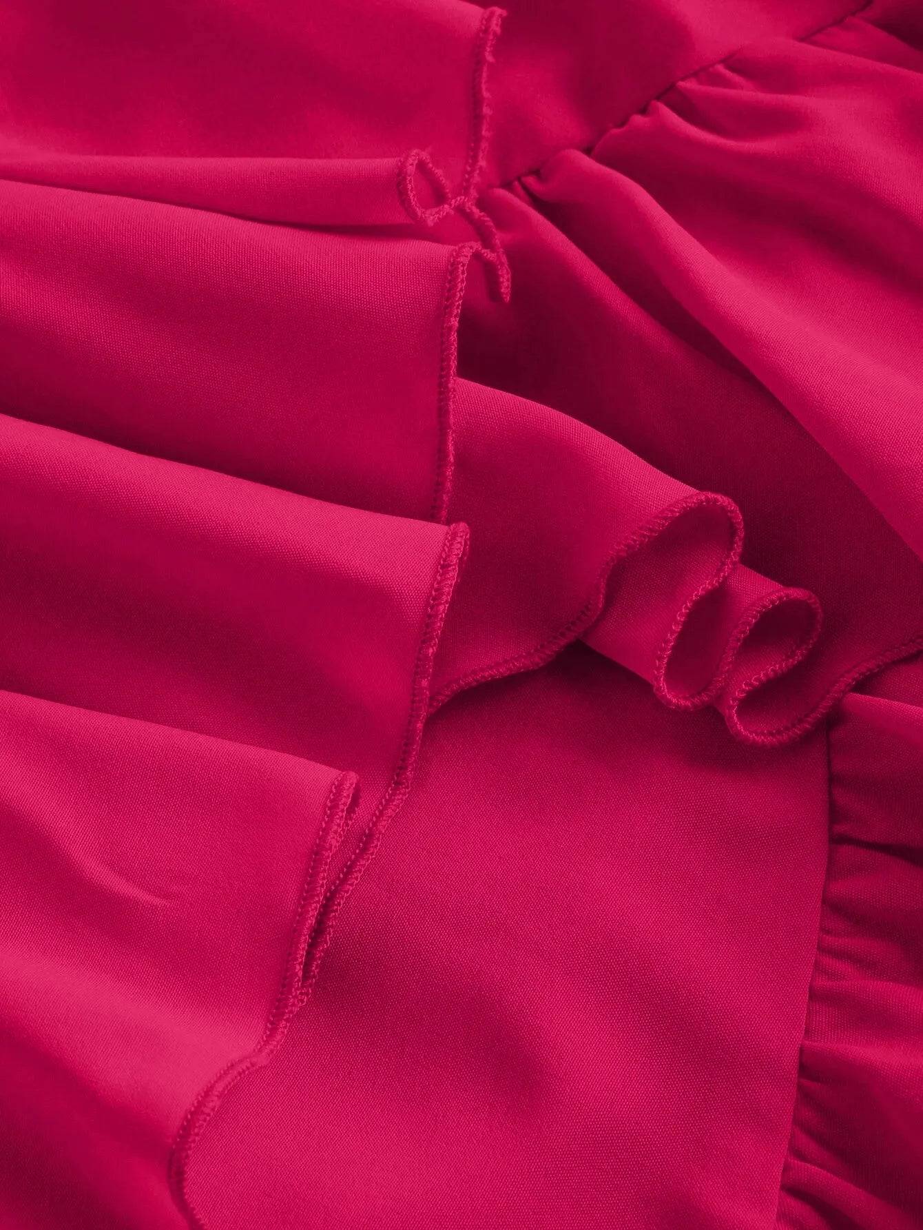 Pink Ruched Square Neck Ruffle High-Low Midi Dress with Ruffle Hem