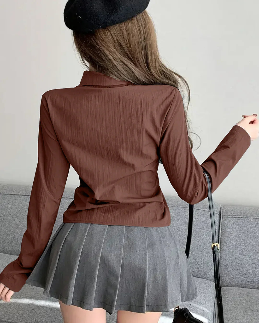 Ruched Front Button Collar Long Sleeve Shirt in Brown