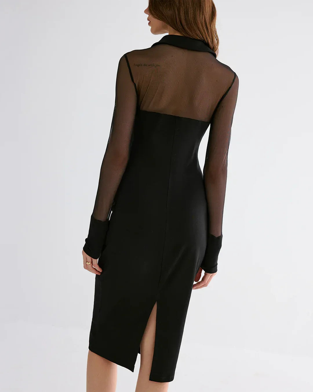 Black Sheer Panel Button-Down Midi Dress with Long Sleeves