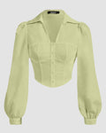 Puff Sleeve Collared Button Down Shirt in Herbal