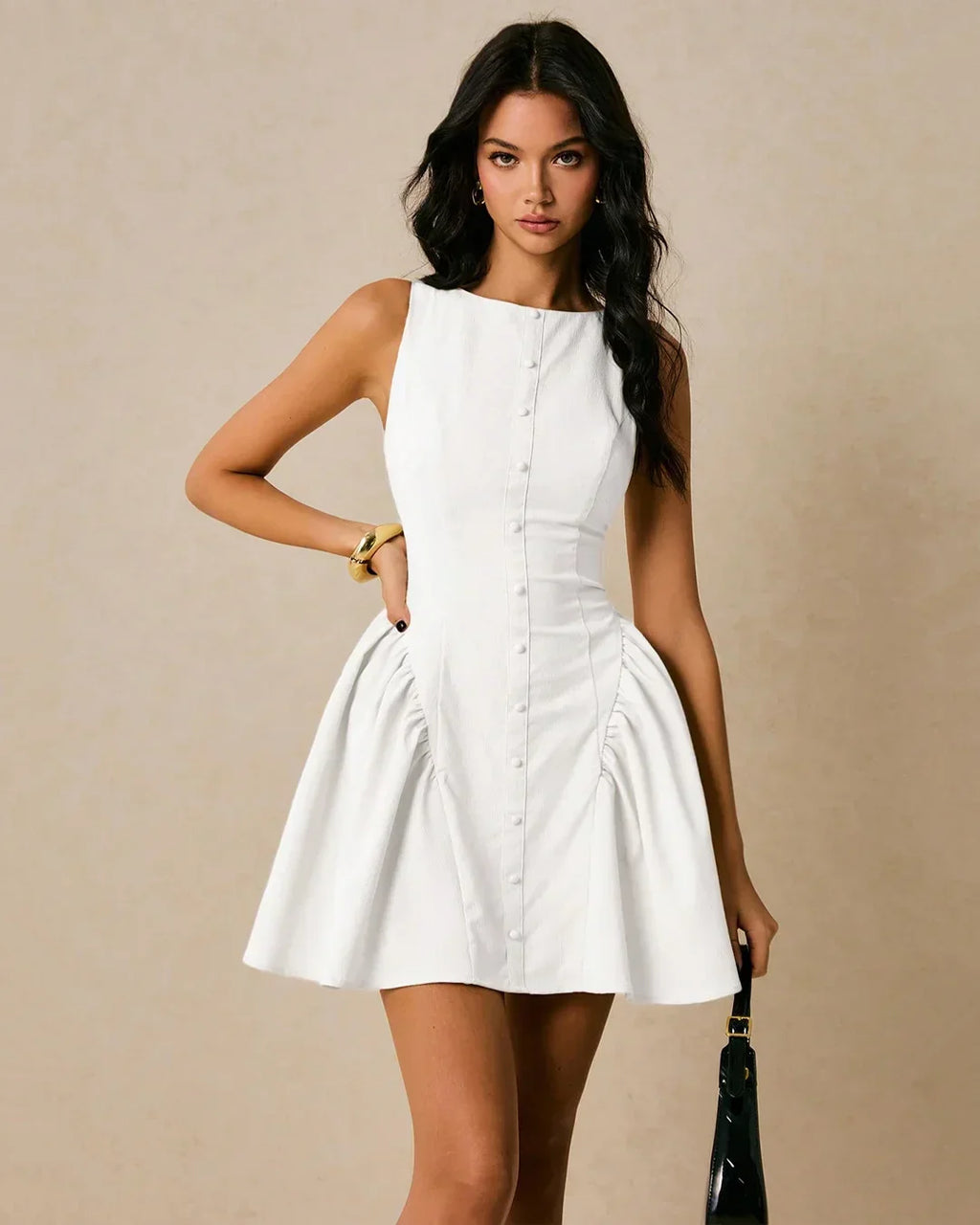 White Backless Sleeveless Button-Front Fit & Flare Mini Dress