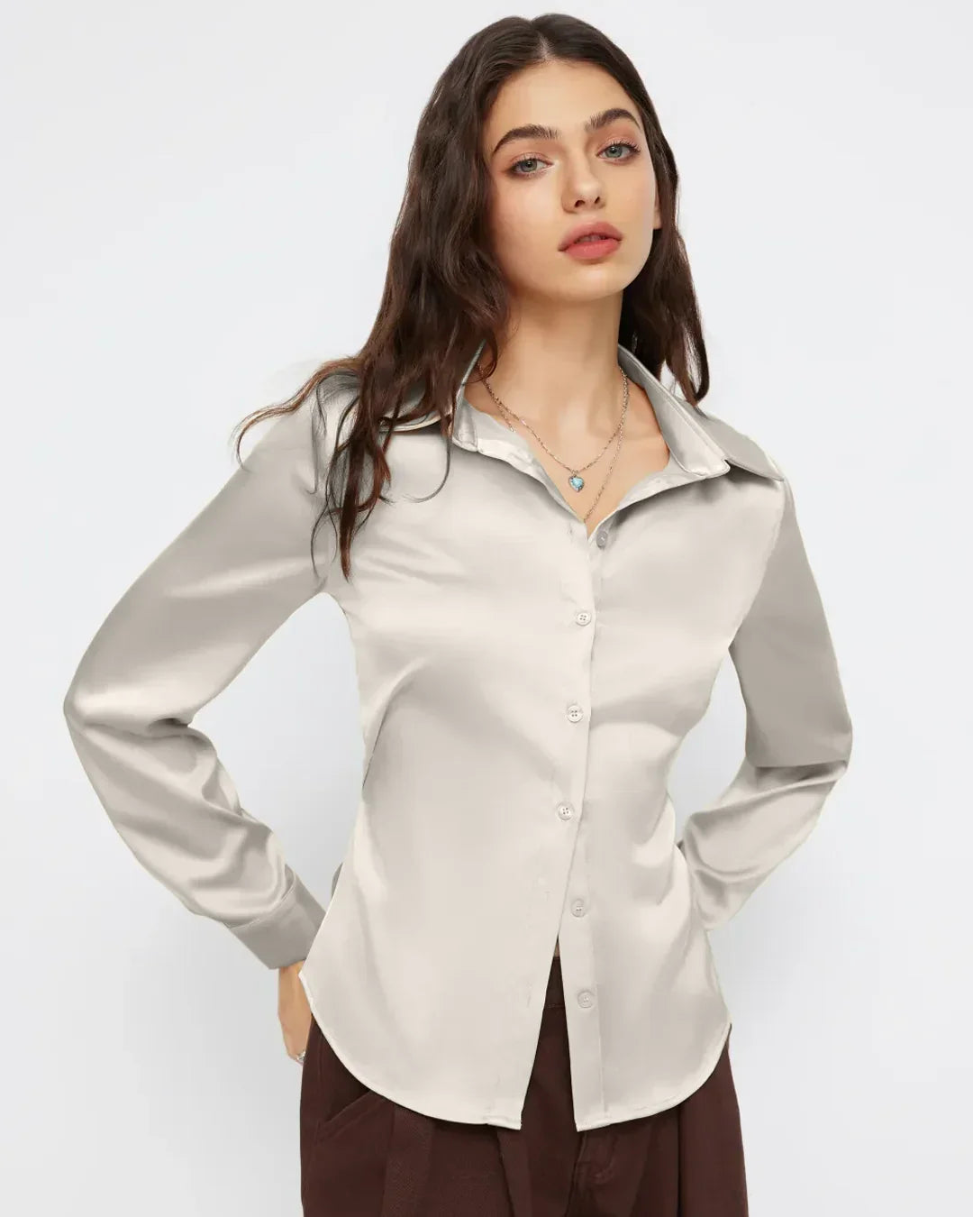 Satin Button-Down Collar Full Sleeve Shirt in Cream