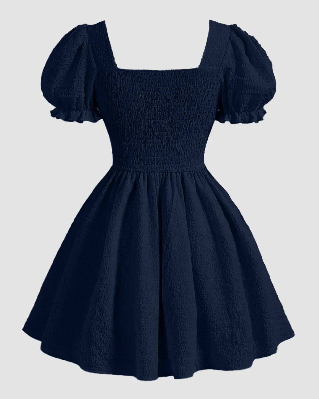 Square Neck Puff Sleeve A-Line Mini Dress in Navy Blue