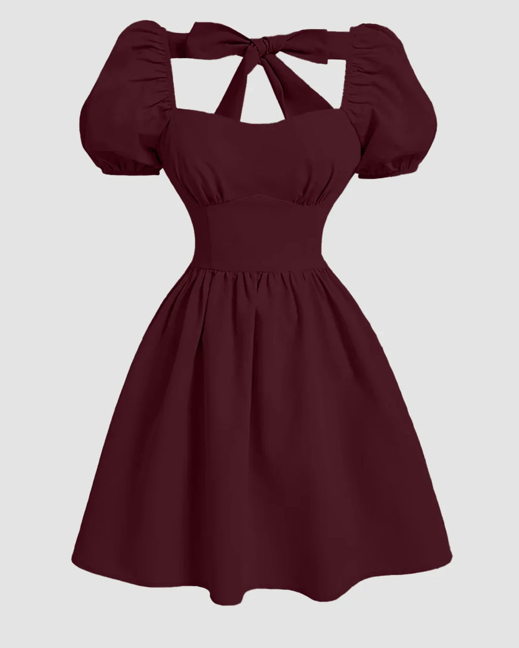 Sweetheart Neck Puff Sleeve Bow Back Mini Dress in Maroon
