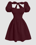 Sweetheart Neck Puff Sleeve Bow Back Mini Dress in Maroon