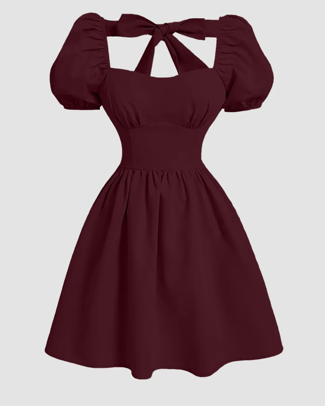 Sweetheart Neck Puff Sleeve Bow Back Mini Dress in Maroon