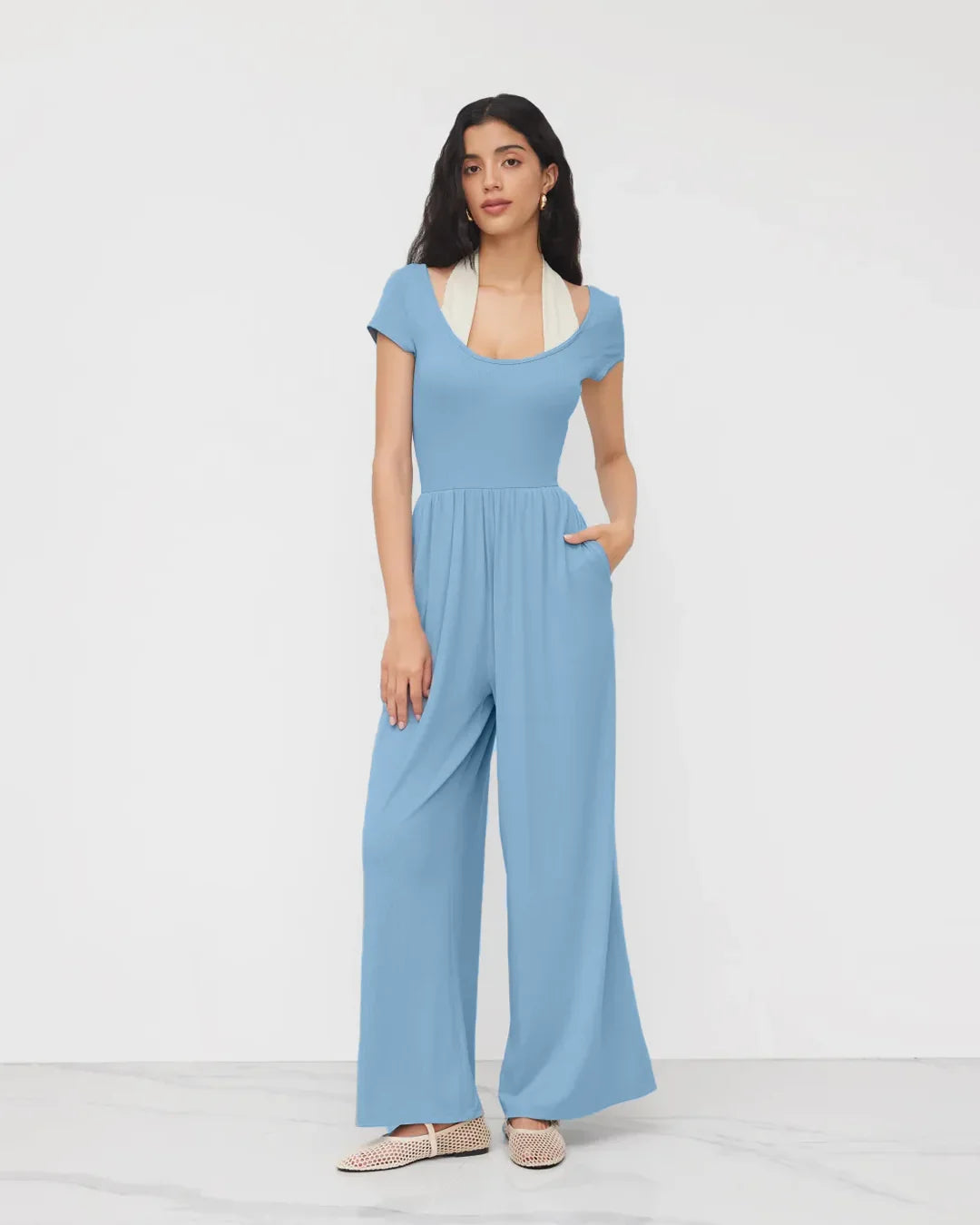 Cap Sleeve Tie Back Jumpsuit with White Inner Layer in Powder Blue