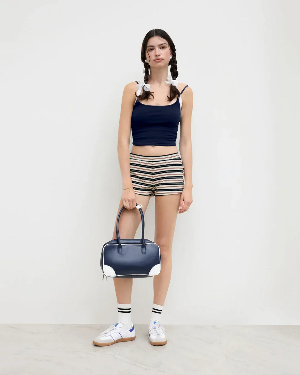 Navy Blue Ruched Halter Neck Knotted Cami Top