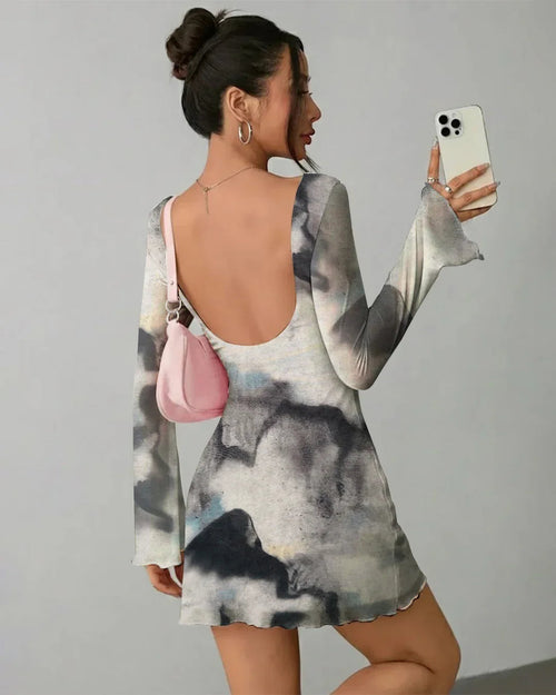 Abstract Print Sheer Long Sleeve Mini Dress
