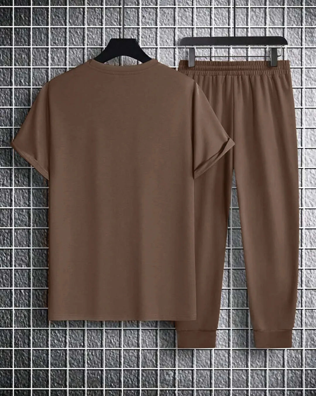 Men Crew Neck Short Sleeve Flap Pocket Drawstring Casual Comfortable Set in Chocolate Brown