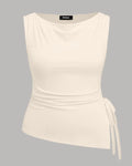 Boat Neck Ruched Split Knotted Asymmetrical Tank Top Curve & Plus in Apricot