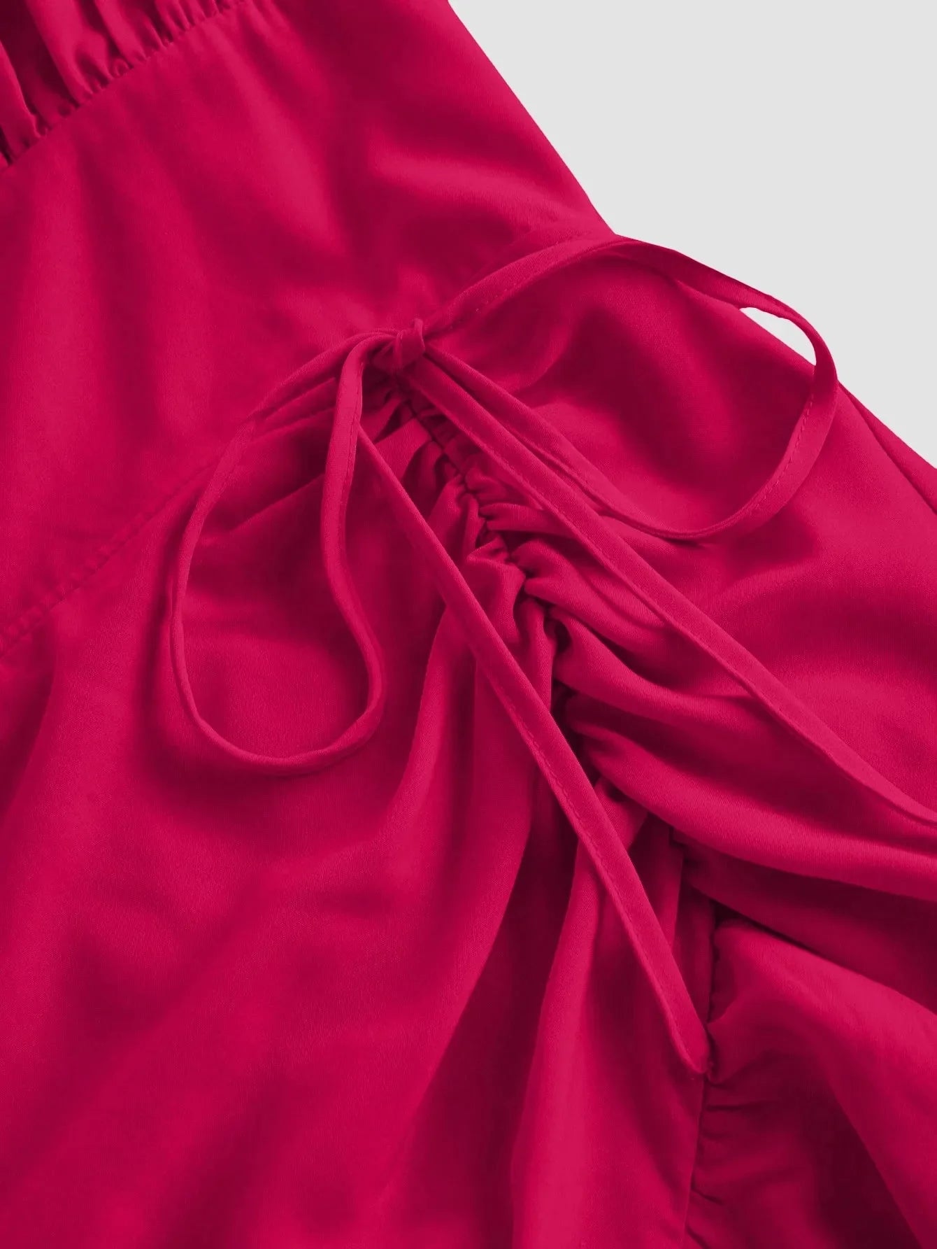 Pink Ruched Square Neck Ruffle High-Low Midi Dress with Ruffle Hem
