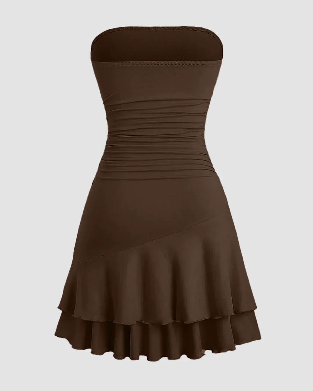 Strapless Ruched Layered Mini Dress in Brown